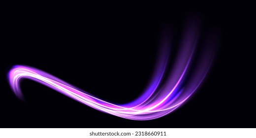 Futuristic neon light line trails. High speed effect motion blur night lights blue and red. bright sparkling background. Purple glowing wave swirl, impulse cable lines. Long time exposure. Vector