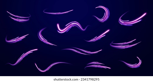 Futuristic neon light line trails. High speed effect motion blur night lights blue and red. Purple glowing wave swirl, impulse cable lines. Radial motion blur background. Long time exposure vector.