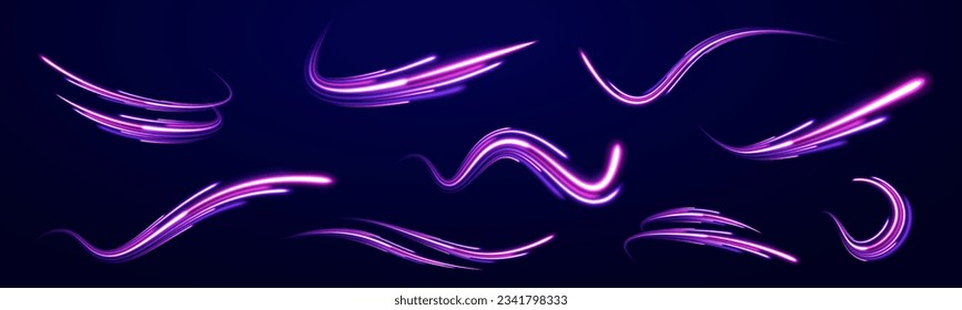 Futuristic neon light line trails. High speed effect motion blur night lights blue and red. Purple glowing wave swirl, impulse cable lines. Radial motion blur background. Long time exposure vector.