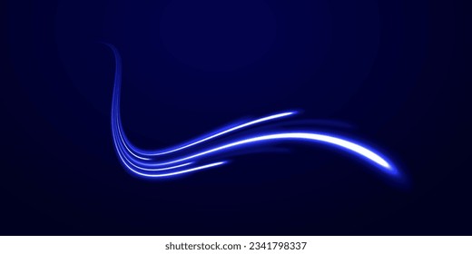 Senderos de la línea de luz de neón futurista. El movimiento de efecto de alta velocidad borrosa noche luces azules y rojas. Giro violeta de onda brillante, líneas de cable de impulso. Fondo de desenfoque de movimiento radial. Vector de exposición a largo plazo.