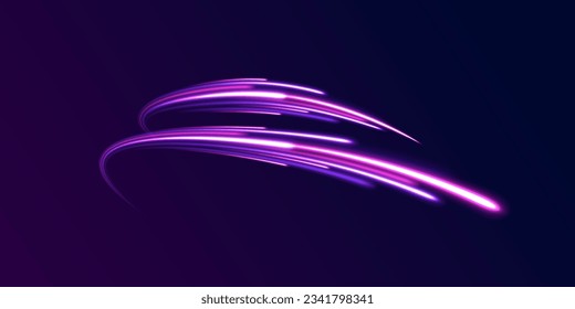 Futuristic neon light line trails. High speed effect motion blur night lights blue and red. Purple glowing wave swirl, impulse cable lines. Radial motion blur background. Long time exposure vector.