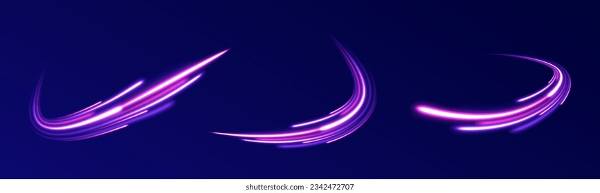 Futuristic neon light line trails. High speed effect motion blur night lights blue and red. Purple glowing wave swirl, impulse cable lines. Radial motion blur background. Long time exposure vector.