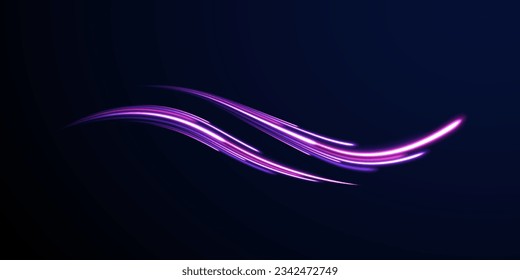 Senderos de la línea de luz de neón futurista. El movimiento de efecto de alta velocidad borrosa noche luces azules y rojas. Giro violeta de onda brillante, líneas de cable de impulso. Fondo de desenfoque de movimiento radial. Vector de exposición a largo plazo.