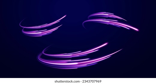 Futuristic neon light line trails. High speed effect motion blur night lights blue and red. Purple glowing wave swirl, impulse cable lines. Radial motion blur background. Long time exposure vector.