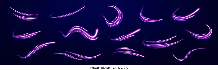 Futuristic neon light line trails. High speed effect motion blur night lights blue and red. Purple glowing wave swirl, impulse cable lines. Radial motion blur background. Long time exposure vector.