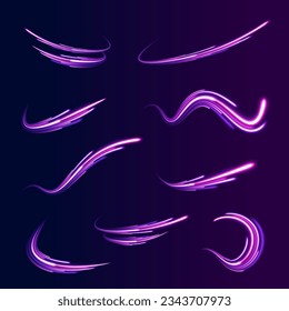 Futuristic neon light line trails. High speed effect motion blur night lights blue and red. Purple glowing wave swirl, impulse cable lines. Radial motion blur background. Long time exposure vector.