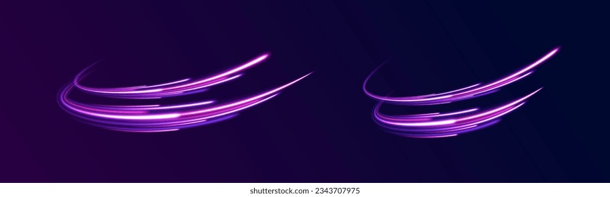 Futuristic neon light line trails. High speed effect motion blur night lights blue and red. Purple glowing wave swirl, impulse cable lines. Radial motion blur background. Long time exposure vector.