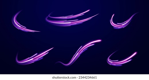 Senderos de la línea de luz de neón futurista. El movimiento de efecto de alta velocidad borrosa noche luces azules y rojas. Giro violeta de onda brillante, líneas de cable de impulso. Fondo de desenfoque de movimiento radial. Vector de exposición a largo plazo.