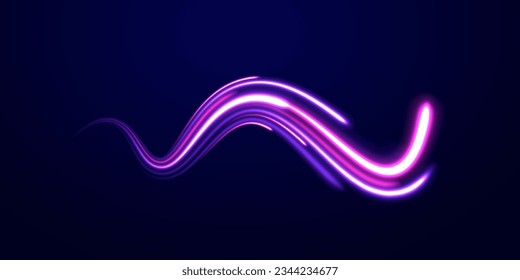 Futuristic neon light line trails. High speed effect motion blur night lights blue and red. Purple glowing wave swirl, impulse cable lines. Radial motion blur background. Long time exposure vector.