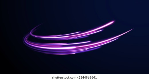 Senderos de la línea de luz de neón futurista. El movimiento de efecto de alta velocidad borrosa noche luces azules y rojas. Giro violeta de onda brillante, líneas de cable de impulso. Fondo de desenfoque de movimiento radial. Vector de exposición a largo plazo.