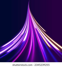 Futuristic neon light line trails. High speed effect motion blur night lights blue and red. Purple glowing wave swirl, impulse cable lines. Radial motion blur background. Long time exposure vector.