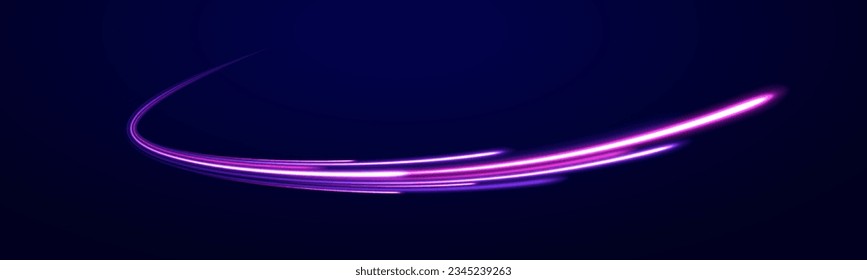 Senderos de la línea de luz de neón futurista. El movimiento de efecto de alta velocidad borrosa noche luces azules y rojas. Giro violeta de onda brillante, líneas de cable de impulso. Fondo de desenfoque de movimiento radial. Vector de exposición a largo plazo.