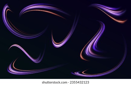 Futuristic neon light line trails. High speed effect motion blur night lights blue and red. City road car light trails motion background.	