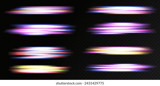 Futuristic neon light line trails. High speed effect motion blur night lights. Light everyday glowing effect. Abstract neon speed glowing wavy lines.