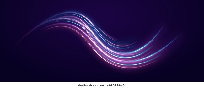 Senderos de línea de luz de neón futuristas. Efecto de luz de curva. remolino de onda brillante, líneas de cable de impulso, fondo brillante brillante. Exposición de largo tiempo. Vector	
