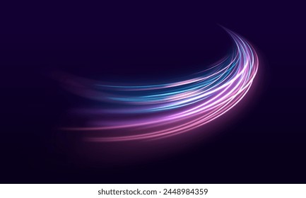 Futuristic neon light line trails. Curve light effect. glowing wave swirl, impulse cable lines, bright sparkling background. Long time exposure. Vector