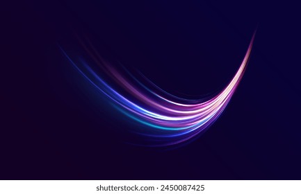 Futuristic neon light line trails. Curve light effect. glowing wave swirl, impulse cable lines, bright sparkling background. Long time exposure. Vector	
