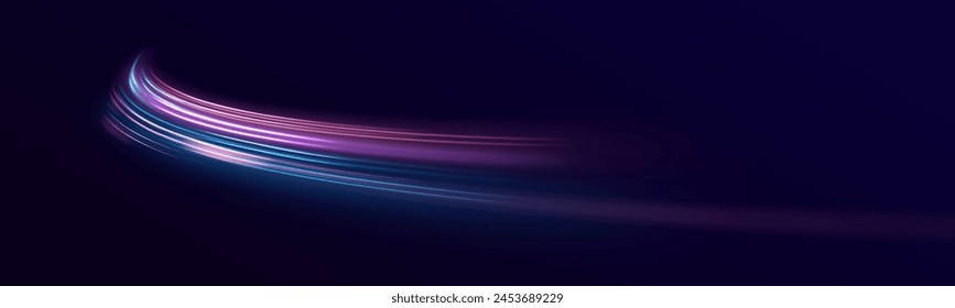 Futuristic neon light line trails. Curve light effect. glowing wave swirl, impulse cable lines, bright sparkling background. Long time exposure. Vector	
