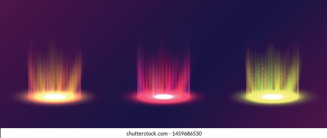 Futuristic neon light portal, crown shape laser cylinder light with glowing sparkles on transparent background.  Disco club dance floor. Show party.