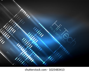 Luces de neón futuristas sobre fondo oscuro, antecedentes digitales abstractos de tecnología. Plantilla de líneas brillantes con efectos de brillo