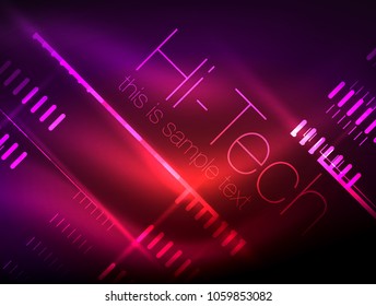 Futuristic neon lights on dark background, digital abstract techno backgrounds. Glowing shiny lines template with sparkle effects