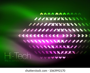 Luces de neón futuristas sobre fondo oscuro, antecedentes digitales abstractos de tecnología. Plantilla de líneas brillantes con efectos de brillo