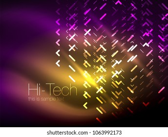 Futuristic neon lights on dark background, digital abstract techno backgrounds. Glowing shiny lines template with sparkle effects