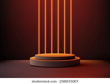 futuristic neon lit cylindrical podium glows orange against a dark background, illuminated by vertical light beams. Modern tech presentations, product displays, and high tech showcases