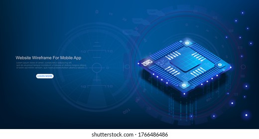 Futuristic neon microprocessor on blue background. Microchip for data exchange. Powerful computing processor of the future for processing large amounts of information. Isometric Central Computer Proce