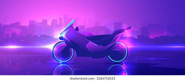 Paseos en moto de neón futurista por la calle nocturna. Ilustración horizontal nocturna del ciberpunk del transporte moderno sobre el fondo de la ciudad.