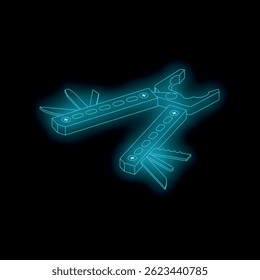 Futuristic neon multi tool with glowing blades and pliers floating against a dark background