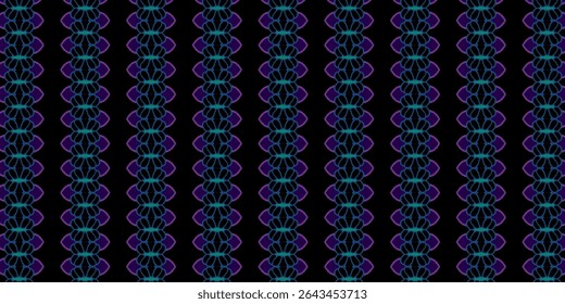 Patrón de neón futurista con tonos azules y púrpuras sobre un fondo negro. Ideal para temas tecnológicos o arte digital moderno.