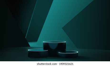 Futuristic neon podium scene template for product presentation with abstract geometric backdrop, realistic modern pedestal mockup vector