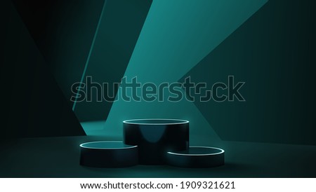 Futuristic neon podium scene template for product presentation with abstract geometric backdrop, realistic modern pedestal mockup vector