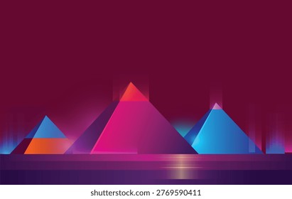 Futuristic neon pyramids in synthwave style, vibrant geometric Egyptian landscape with retrowave digital art background.
