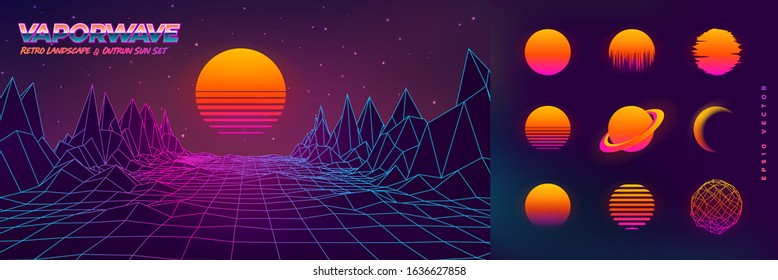 Futuristic Neon Retrowave Background. Retro Low Poly Grid Landscape Mountain Terrain With Set Of Glowing Outrun Sun Vector Illustration Template