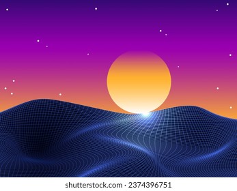 Fondo de neón futurista. Montaña retro de bajo paisaje de parrilla de polilla. Sintonización de la puesta de sol de las ondas. El telón de fondo retro de los años 80. Cuadrícula de perspectiva, sol, cielo estrellado oscuro. Virtual futurista de ciencia ficción