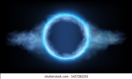 Futuristic neon round frame in clouds on Black Background. Vector illustration. EPS10 