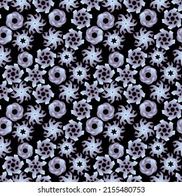 Futuristic neon seamless pattern. Abstract forms are grouped and randomly arranged on a black background. Vector.