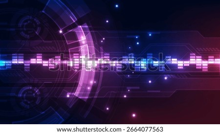 Futuristic neon sound equalizer waveform in purple and blue colors with abstract digital HUD interface background, symbolizing high-tech audio, music visualization, and digital sound engineering.