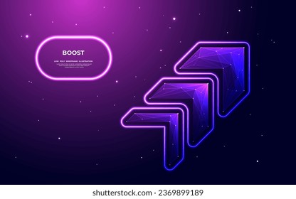 Futuristic neon speed arrow up. Boosting and fast growth cyberpunk icon on technology blue-purple starry sky background. Swipe gesture metaphor. Low poly wireframe style with neon stroke. Vector
