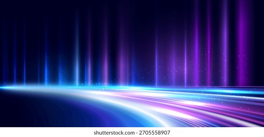 Futurista rastro de luz de velocidad de neón abstracto brillante rayo de energía digital de ciencia ficción fondo de tecnología de flujo de movimiento.