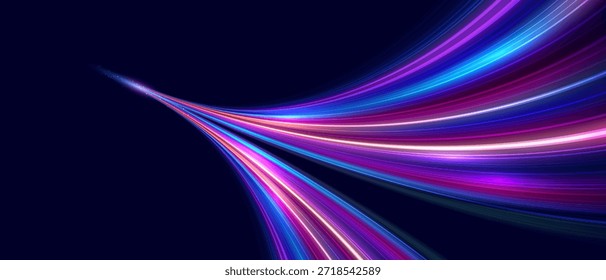 Futuristic neon speed light trail abstract technology background glowing motion energy flow digital beam sci fi dynamic movement wallpaper. Pattern for banner. Vector EPS10.