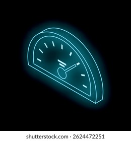 O velocímetro neon futurista está brilhando sobre fundo escuro, representando desempenho, medição e velocidade