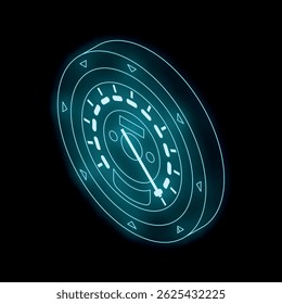Futuristic neon speedometer is glowing on a black background, giving a sense of speed and technology