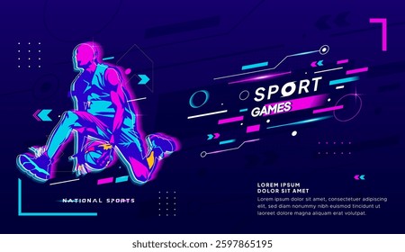 Futuristic Neon Sport Poster – Basketball Player in Cyberpunk Style. National Sports. Dynamic and futuristic sport-themed illustration featuring a basketball player in vibrant neon cyberpunk style.