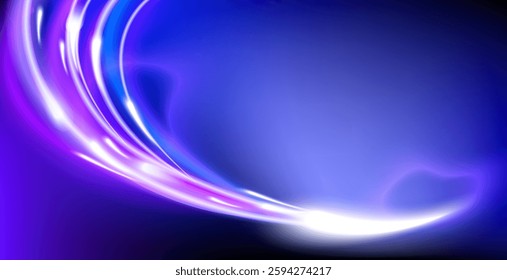 Futuristic Neon Swirls with Motion Effect.Abstract digital background featuring glowing purple and blue light streaks flowing across a dark gradient for banners,presentations,technology,digital.Vector