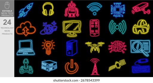 Futuristische Neon Tech Icons Kollektion auf dunklem Hintergrund