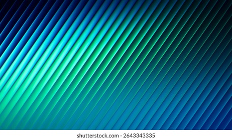 Futuristic neon texture with vibrant shades of blue green gradients and bright smooth fluted diagonal lines. Bold dynamic design blending smooth tones and radiant colors for modern visual art project