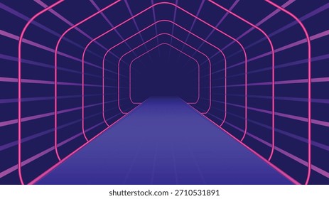 Fondo de túnel de neón futurista con líneas brillantes de color rosa y púrpura con un efecto de perspectiva profunda ideal para temas de tecnología, diseños de juegos, conceptos de ciencia ficción de arte digital y visuales abstractos modernos